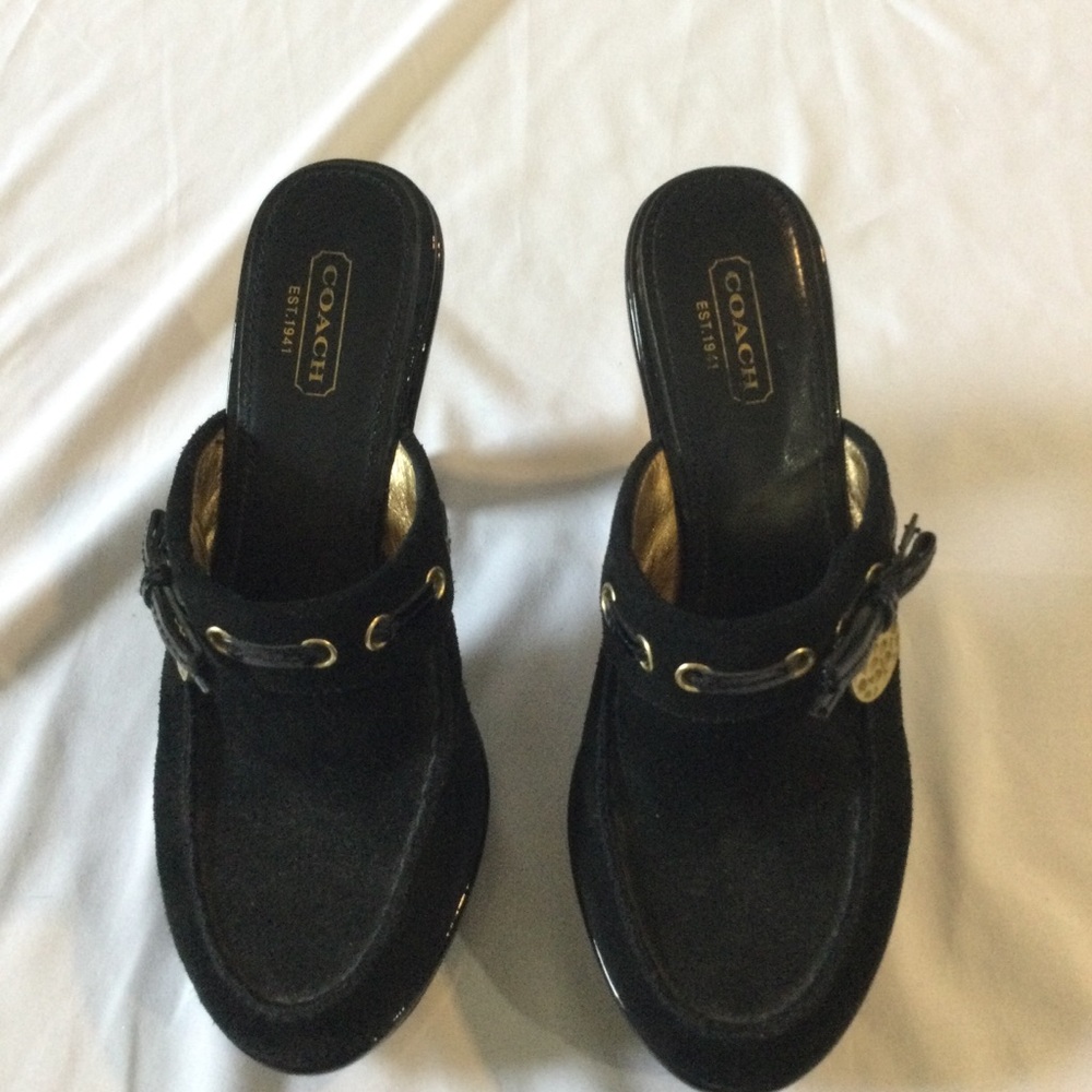 Coach Black Suede Platform Mule Heels with Gold Accent - Picture 4 of 7
